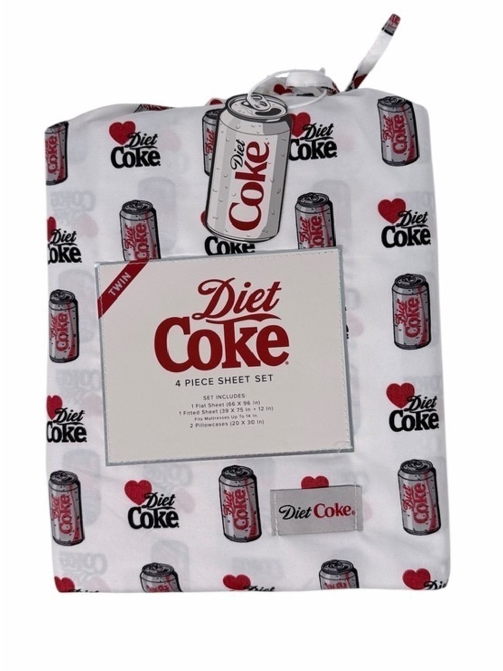 Diet Coke Twin Sheet Set 4 Piece Coca Cola Soda Can Hearts Bedding NWT